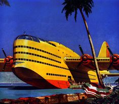 an image of a large yellow plane in the air with palm trees and water behind it