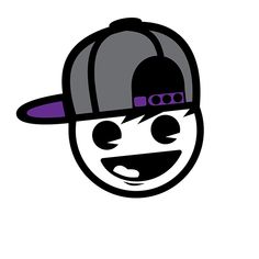 a black and white drawing of a person wearing a baseball cap with purple trims