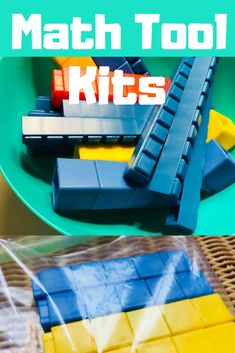 a bunch of toys that are on top of a table with the words math tool kits in front of them