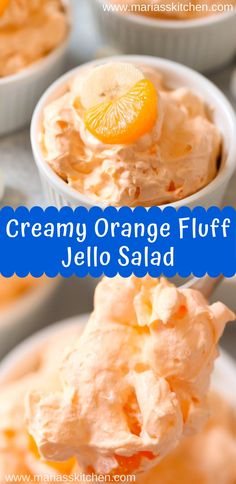 orange fluff jello salad in small white bowls