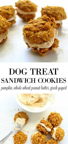 dog treat sandwich cookies with peanut butter on top and in the background, there is a bowl of cookie dough