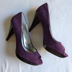 Style & Co Purple Suede Heels 4" Heels Open Toe Size 8m New In Original Box Purple Kitten Heels, Dark Purple Heels, Quince Heels, Purple Quince, Purple Heels, Classy Shoes, Purple Suede, Grad Dresses, Suede Heels