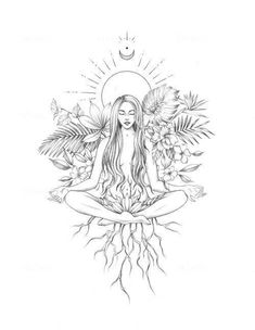 a drawing of a woman sitting in the middle of her body surrounded by plants and flowers