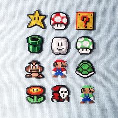 the pixelated video game characters are displayed on a knitted surface, including mario and luigi