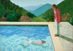 a man standing next to a painting of a person swimming in a pool with mountains in the background