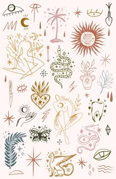 an assortment of tattoo designs on a white background with gold and black ink, including the symbols