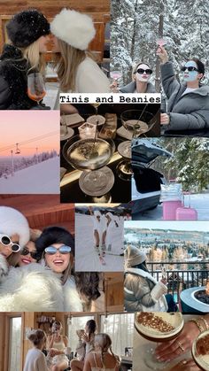 collage of photos with people eating and drinking in the snow, wearing winter clothes