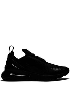 Black rubber Air Max 270 sneakers from Nike featuring a round toe, a flat sole, a pull tab at the rear, a signature Nike swoosh, a logo patch at the tongue and a lace fastening. These styles are supplied by a premium sneaker marketplace. Stocking only the most sought-after footwear, they source and curate some of the most hard to find sneakers from around the world.. Nike Air Max270, Black Running Shoes Aesthetic, All Black Shoes Sneakers, Black Nike Sneakers Women, 16th Wishlist, Tigger Outfit, Nike Black Shoes, Shoes Nike Black, Womens Black Sneakers