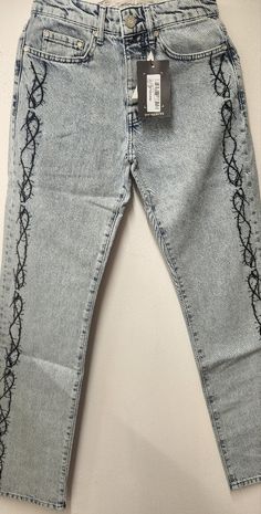 These Are Brand New. Relaxed Fit W Rigid Embroidered Barb Wire Style Up And Down The Legs..They Are Ice Blue In Color. Please See Pics For Care And Material Content. Barb Wire, Jeans Color, Ice Blue, Colored Jeans, Mens Pants, Man Shop, Relaxed Fit, Pants, Blue