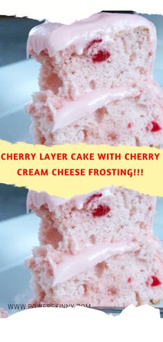 two slices of cherry layer cake with cherry cream cheese frosting are stacked on top of each other