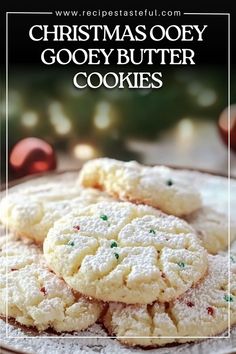 christmas ooey gooey butter cookies on a plate with the title overlay