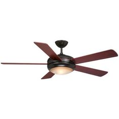 a ceiling fan with two lights on each side and a dark brown bladed blades