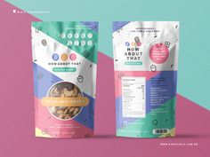 two bags of trail mix next to each other on a pink and blue colored background