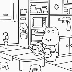 a black and white drawing of a teddy bear playing with toys in a playroom