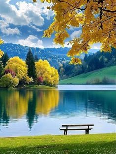 a bench sitting in front of a lake with yellow trees on the shore and mountains in the background