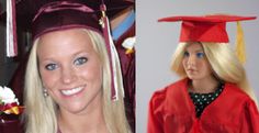 a woman wearing a graduation cap and gown next to a photo of a barbie doll