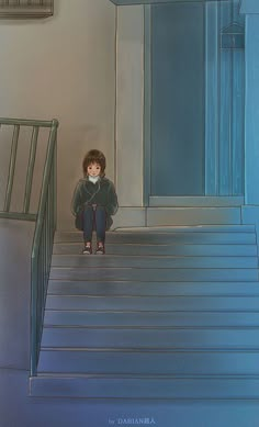 a boy sitting on the steps in front of a stairway with stairs leading up to him