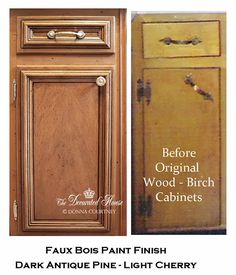 an old cabinet painted yellow and brown with the words faux bois paint finish dark antique pine - light cherry