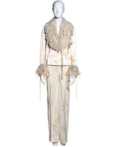 For Sale on 1stDibs - ▪ John Galliano cream silk pantsuit ▪ Single-breast jacket with large collar and cuffs of ruffled antique lace ribbons and Mongolian lamb ▪ Wide-leg pants Silk Pantsuit, Theatre Fashion, Silk Pant Suit, Mongolian Lamb, Silk Pant, Evening Mini Dresses, Culture Fashion, Designer Jumpsuits, Future Outfit