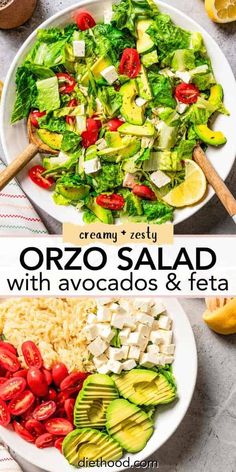 a salad with avocado, tomatoes and feta