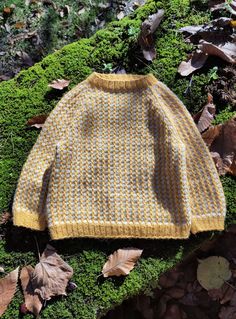 a yellow and white sweater laying on top of green moss covered ground next to leaves