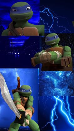 four different pictures of teenage mutant ninja turtles with swords and lightning in the sky behind them