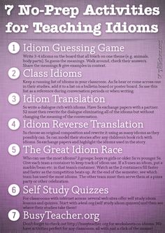 a purple poster with the words 7 no prep activities for teaching idoms on it