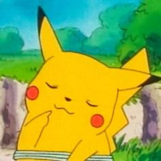 the pikachu is sitting in front of some rocks and grass with its eyes closed