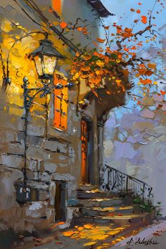 an impressionist painting of a house with autumn leaves on the tree and stairs leading up to it