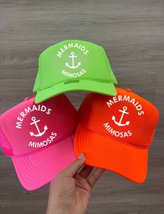 Choose from one of these fun summer colors and hit the beach with our Mermaids & Mimosas trucker hats! TAT: 7-10 business days Fun Summer, Mimosa, Summer Colors, Trucker Hats, Baby Pink, Lime Green, Summer Fun, Tatting, Trucker Hat