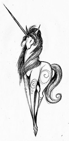 a black and white drawing of a unicorn with a long horn on it's head