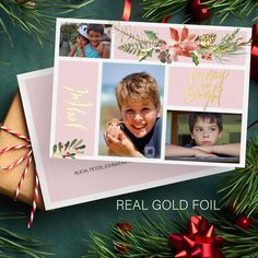 two christmas cards with the words real gold foil on them next to evergreen branches and presents