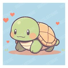 a drawing of a turtle with hearts in the background