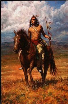 an oil painting of a native american man riding a horse with a spear in his hand