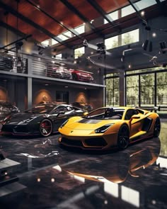 three sports cars parked in a garage with mirrors on the floor and one is yellow