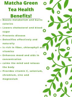 a green tea leaf poster with the words matcha green tea health benefits and uses