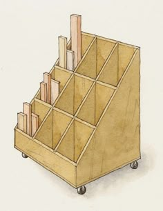 a drawing of a wooden box on wheels with compartments in the middle and one section open