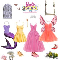 several different dresses and shoes are arranged on a white background with the words barbie's secret door