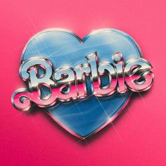 the word barbie written in chrome letters on a pink background with a heart shaped frame