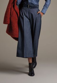 Wool & Cotton Denim Culotte Elegant Wool Wide Leg Pants For Spring, Elegant Wide Leg Wool Pants For Spring, Elegant Wide Leg Relaxed Fit Jeans, Spring Wool Wide Leg Workwear Pants, Wool Wide Leg Pants For Workwear In Spring, Spring Wool Wide Leg Pants For Workwear, Classic Wool Wide Leg Pants, Wool Bottoms For Winter Workwear, Fitted Wool Wide Leg Pants For Fall