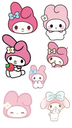 hello kitty stickers are shown in different colors and sizes, including one with a bow