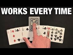 a hand that is pointing at four playing cards with the words, works every time