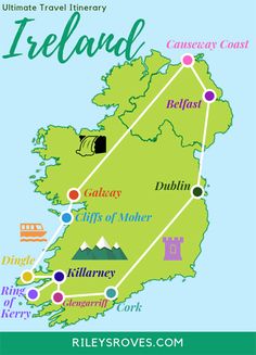 ireland map with all the major attractions and places to see in each country on it