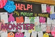 a bulletin board with monsters on it and the words help my monsterie is missing