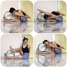 four pictures of a woman doing yoga with a hula hoop in front of her