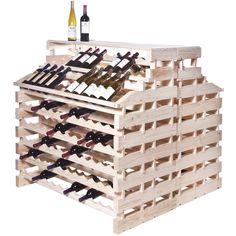 a wooden wine rack filled with lots of bottles