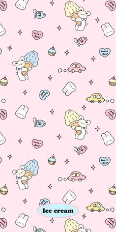 a pink wallpaper with small cartoon animals and clouds in the sky, on top of it