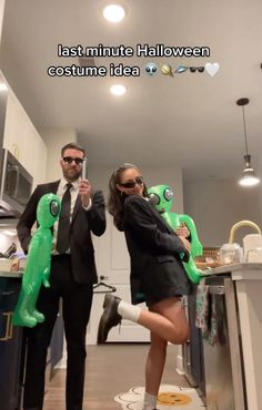 a man and woman dressed up as monsters in a kitchen with the caption, last minute halloween costume idea