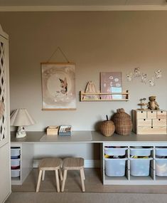 a room that has some shelves on the wall and two stools in front of it