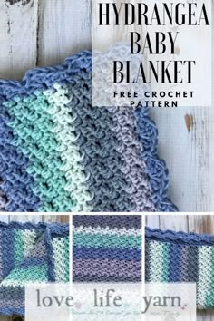 the hydrangea baby blanket crochet pattern is shown in three different colors